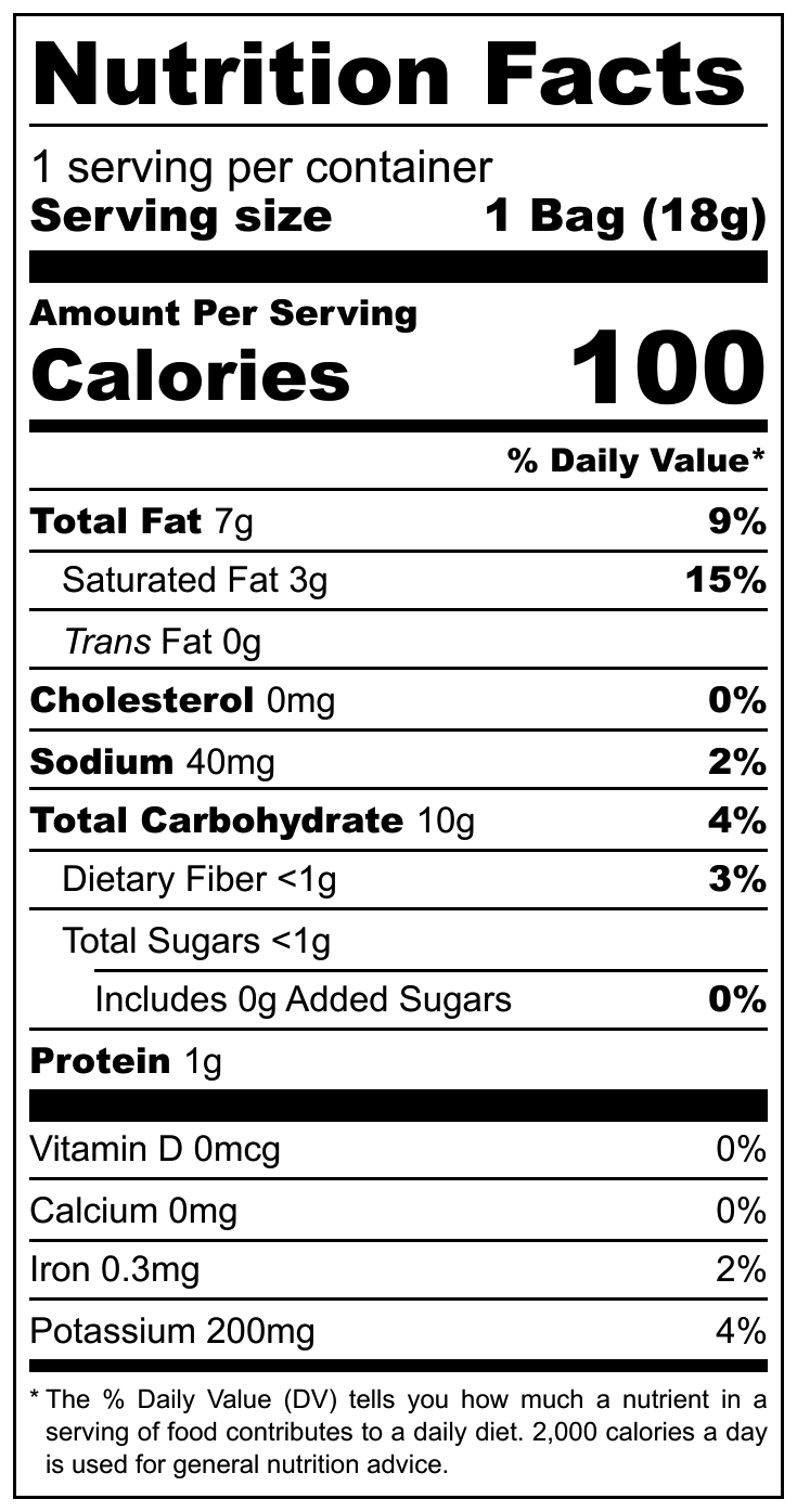 Cadina 95C Potato Sticks nutritional label