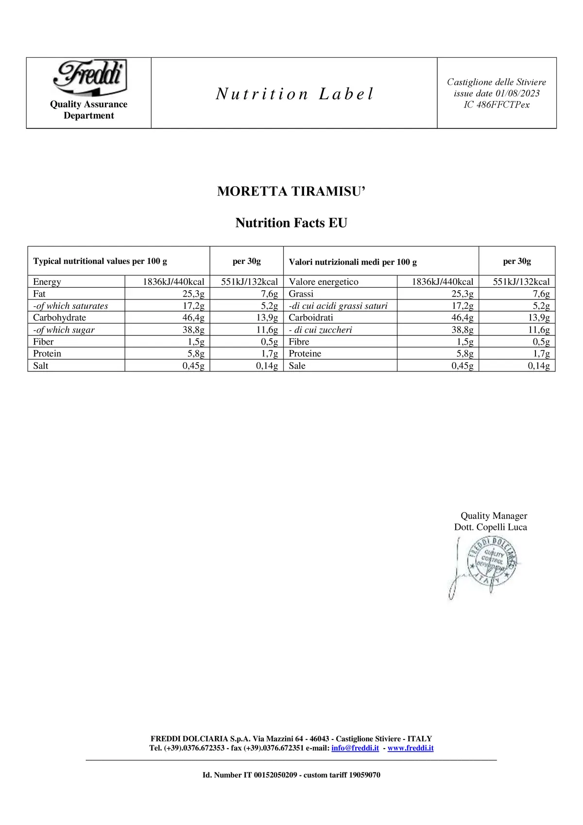 Moretta Tiramisu Soft Choco-Coated Snack Cake nutrition facts